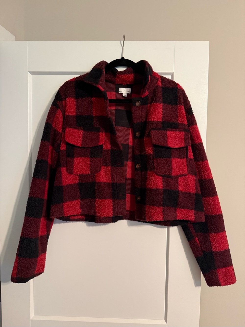 True Craft Cropped Red & Black Buffalo Plaid Teddy Jacket
